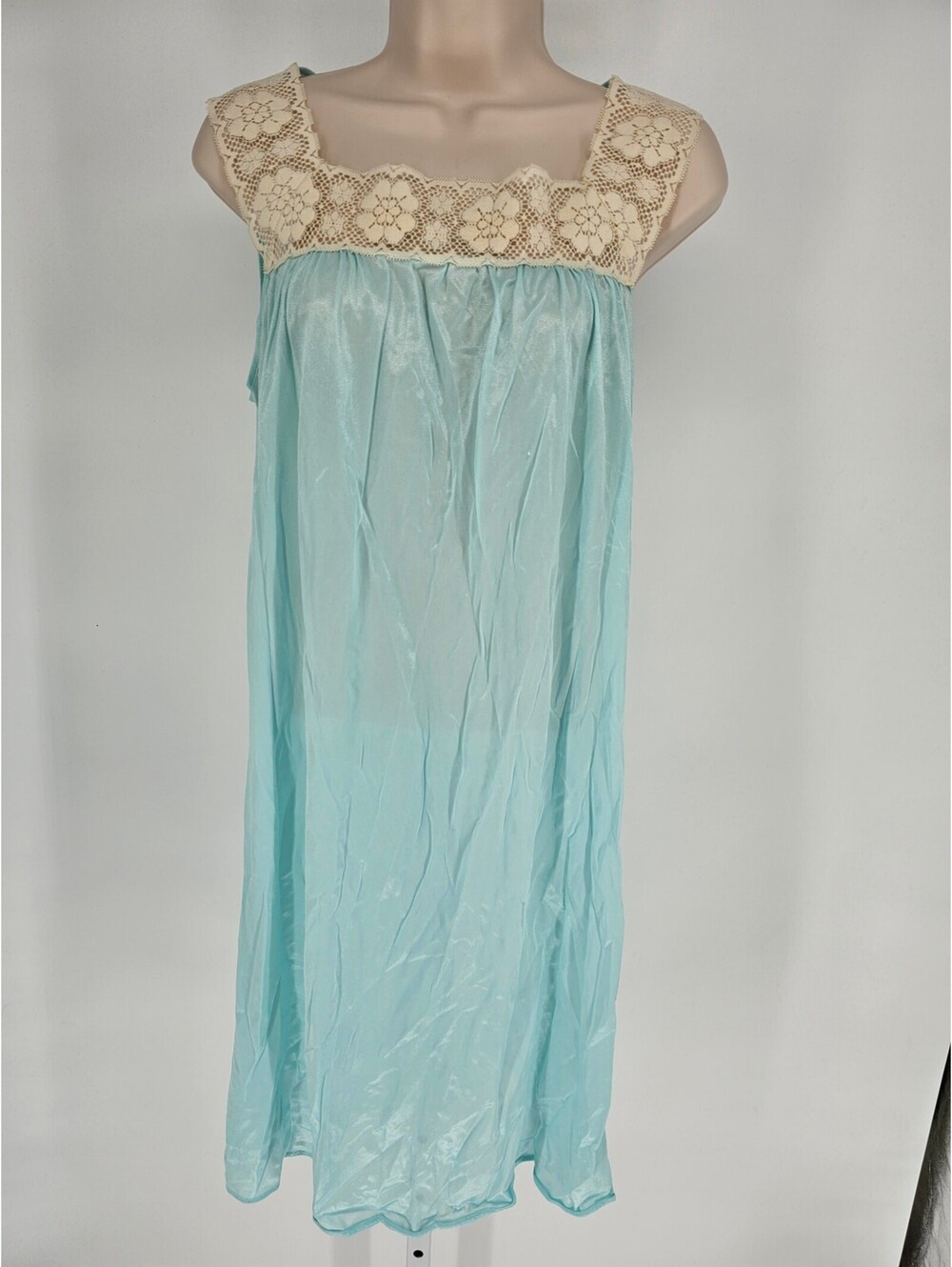 Vintage 1970s Sears Womens Sz 34 Nylon Nightgown Knee Length Teal and Cream Lace